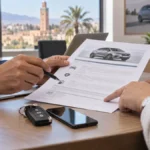 Client et conseillère vérifient ensemble les informations d’une location de voiture