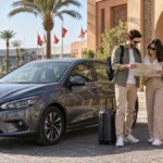 Voiture de location compacte et voyageurs préparant une semaine de déplacement au Maroc