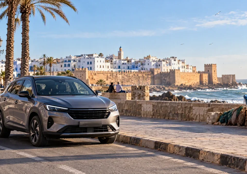 Voiture de location stationnée près du front de mer d’Essaouira avec les remparts blancs en arrière-plan.