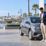 Un voyageur prépare une demande de location de voiture près d’un véhicule à Salé au Maroc.
