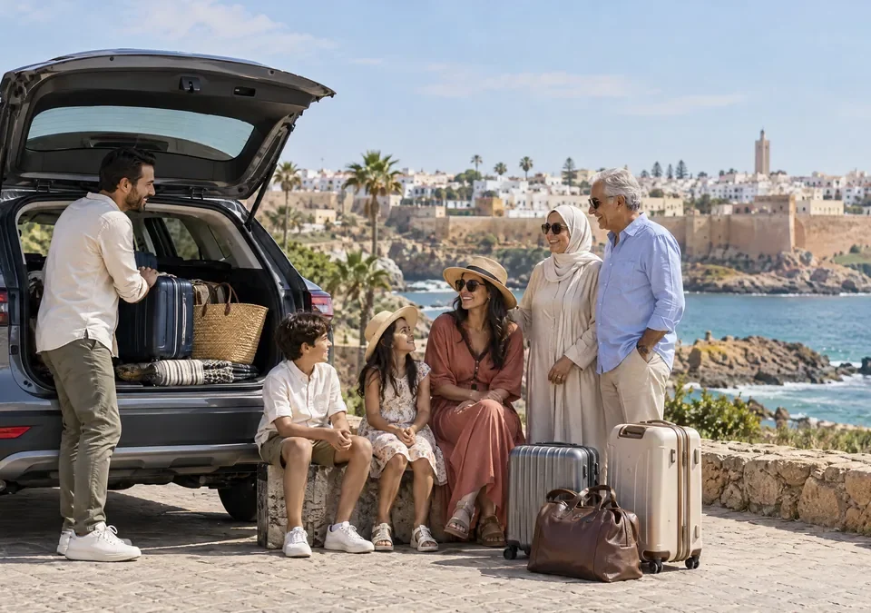 Famille et bagages à côté d’un véhicule spacieux pour un voyage au Maroc