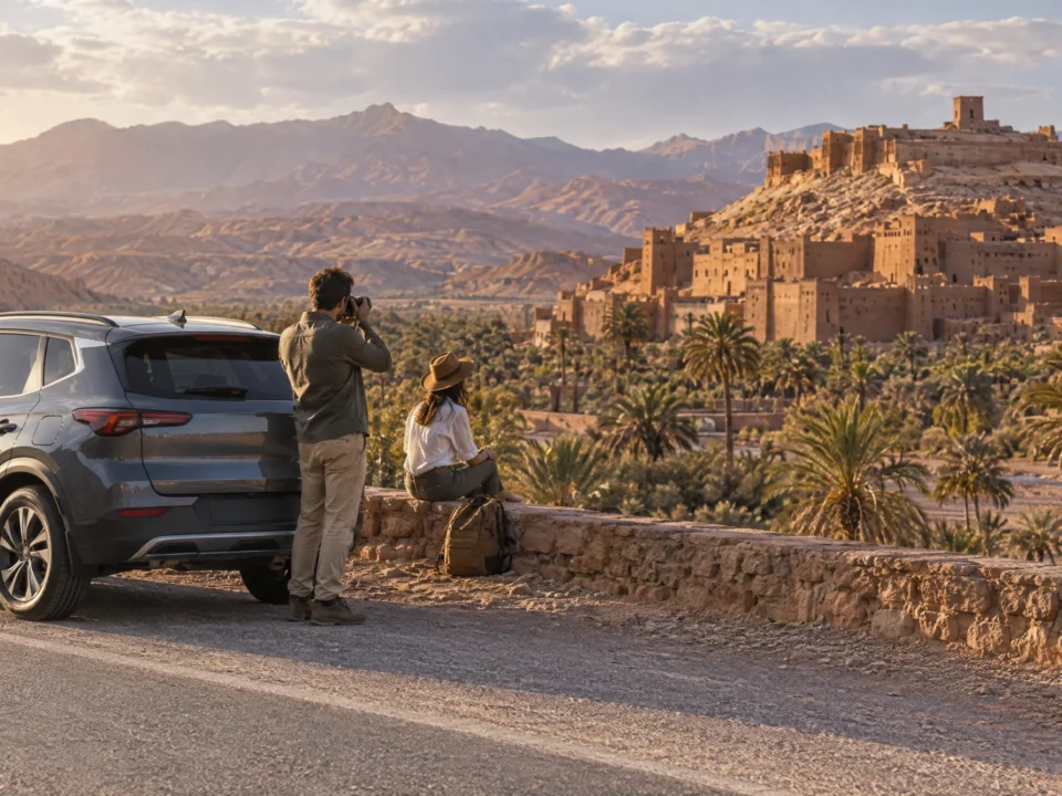 Voiture de location sur une route asphaltée près d’une kasbah de Ouarzazate, avec des montagnes arides au loin.