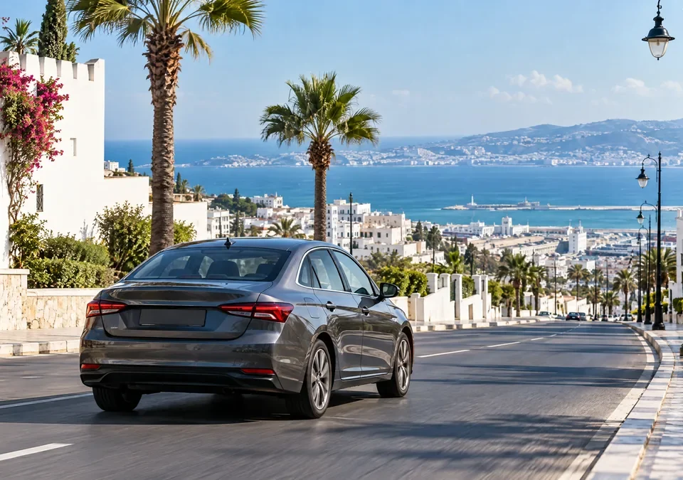 Voiture de location près d’une avenue de Tanger avec vue sur la mer au nord du Maroc.