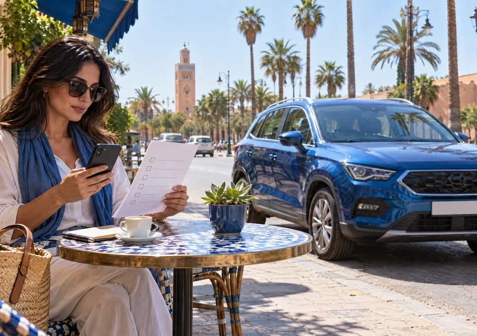 Une voyageuse consulte une checklist de réservation près d’une voiture dans une rue marocaine.