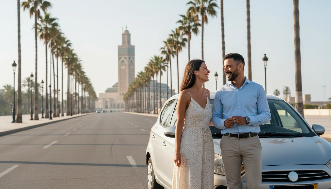 Couple souriant près d’une voiture compacte sur un boulevard bordé de palmiers à Casablanca