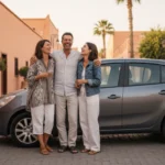Une famille marocaine souriante près d’une voiture compacte dans une rue ocre de Marrakech