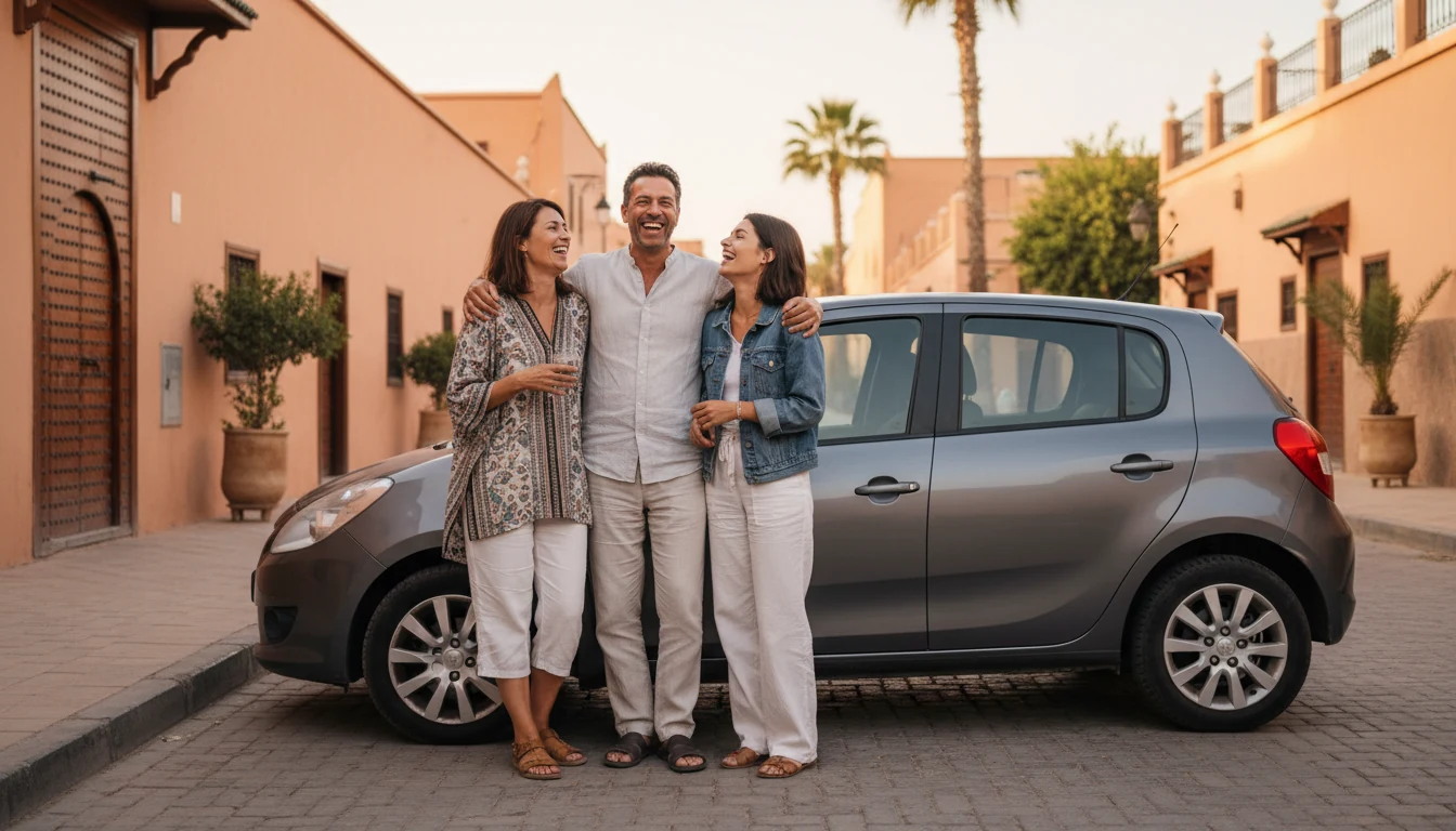 Une famille marocaine souriante près d’une voiture compacte dans une rue ocre de Marrakech