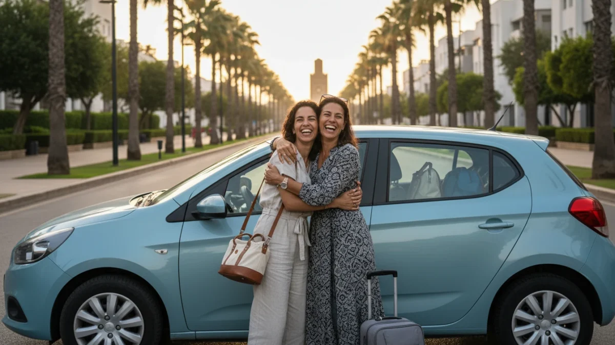 Deux sœurs adultes souriantes près d’une voiture compacte sur une avenue bordée de palmiers à Rabat