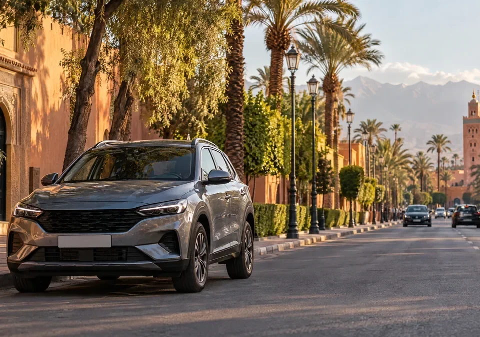 Voiture compacte dans une avenue de Marrakech, avec palmiers et architecture ocre