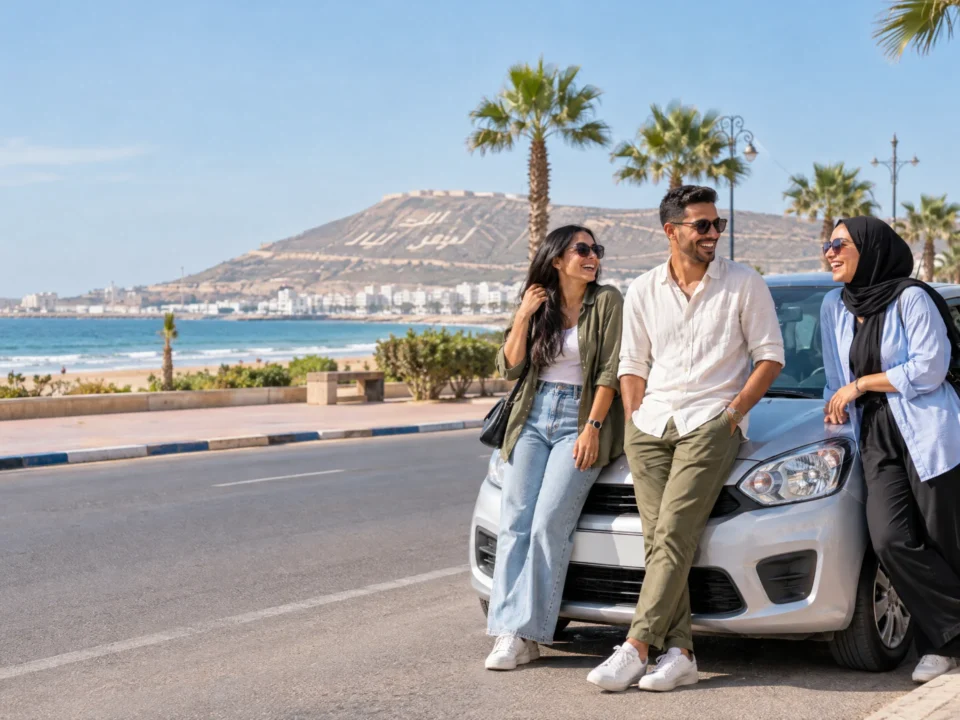 Trois jeunes amis souriants près d’une voiture compacte sur le front de mer d’Agadir