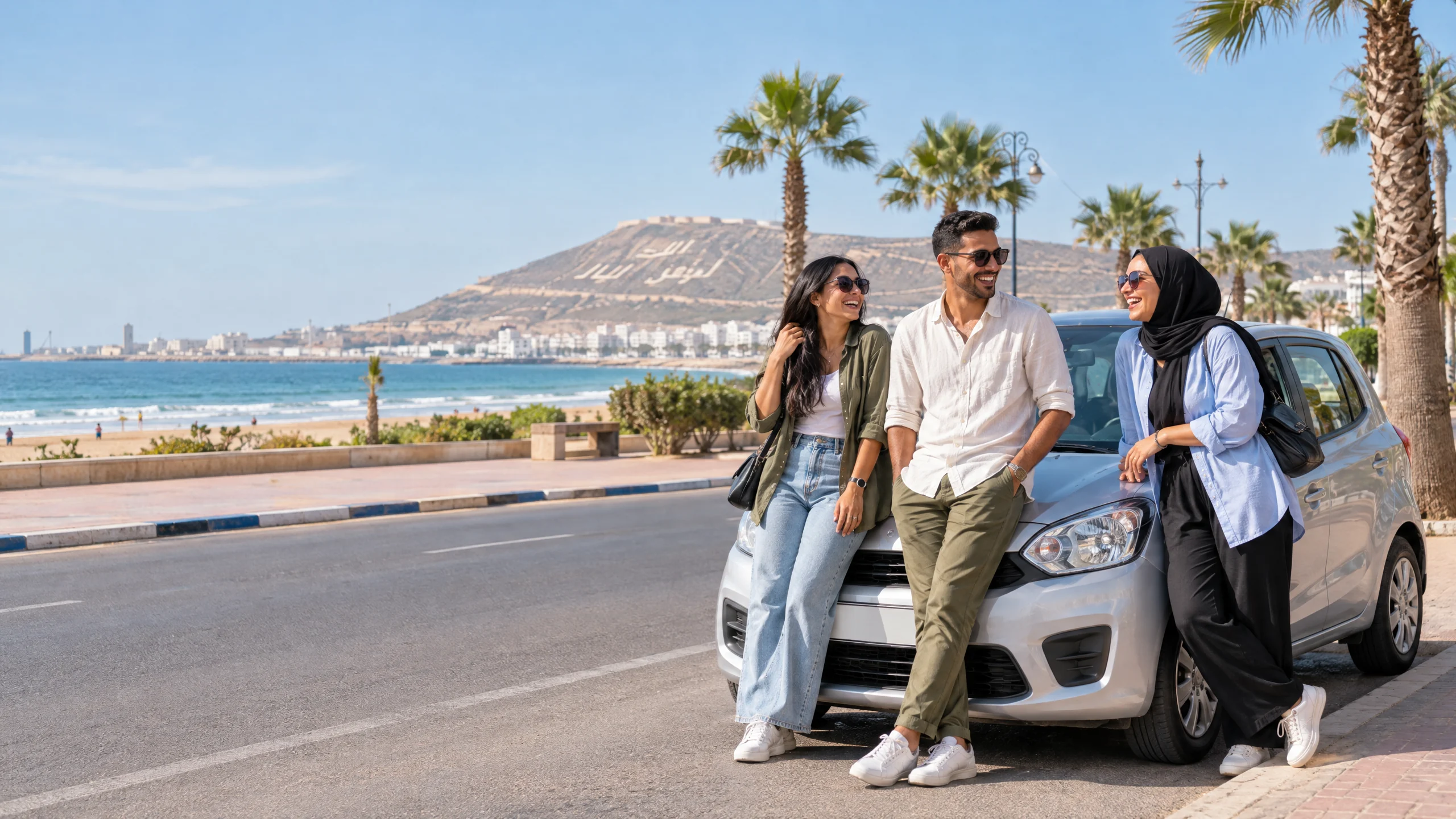 Trois jeunes amis souriants près d’une voiture compacte sur le front de mer d’Agadir