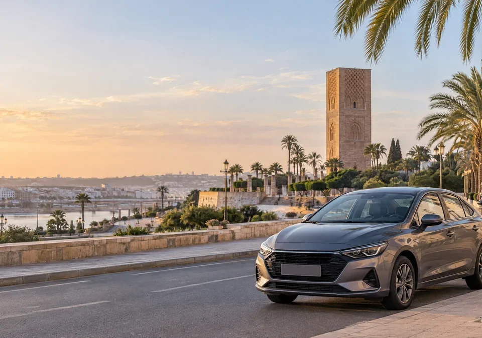 Voiture de location stationnée sur un boulevard de Rabat avec un monument et des palmiers en arrière-plan.