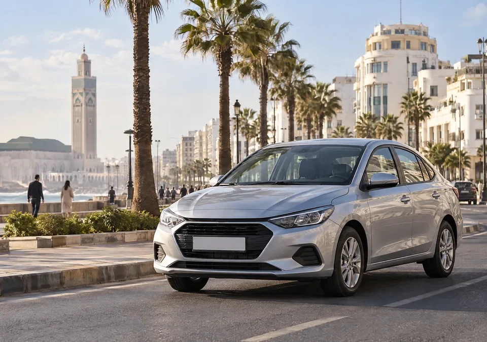 Voiture compacte de location dans une rue de Casablanca près d’immeubles et de palmiers.
